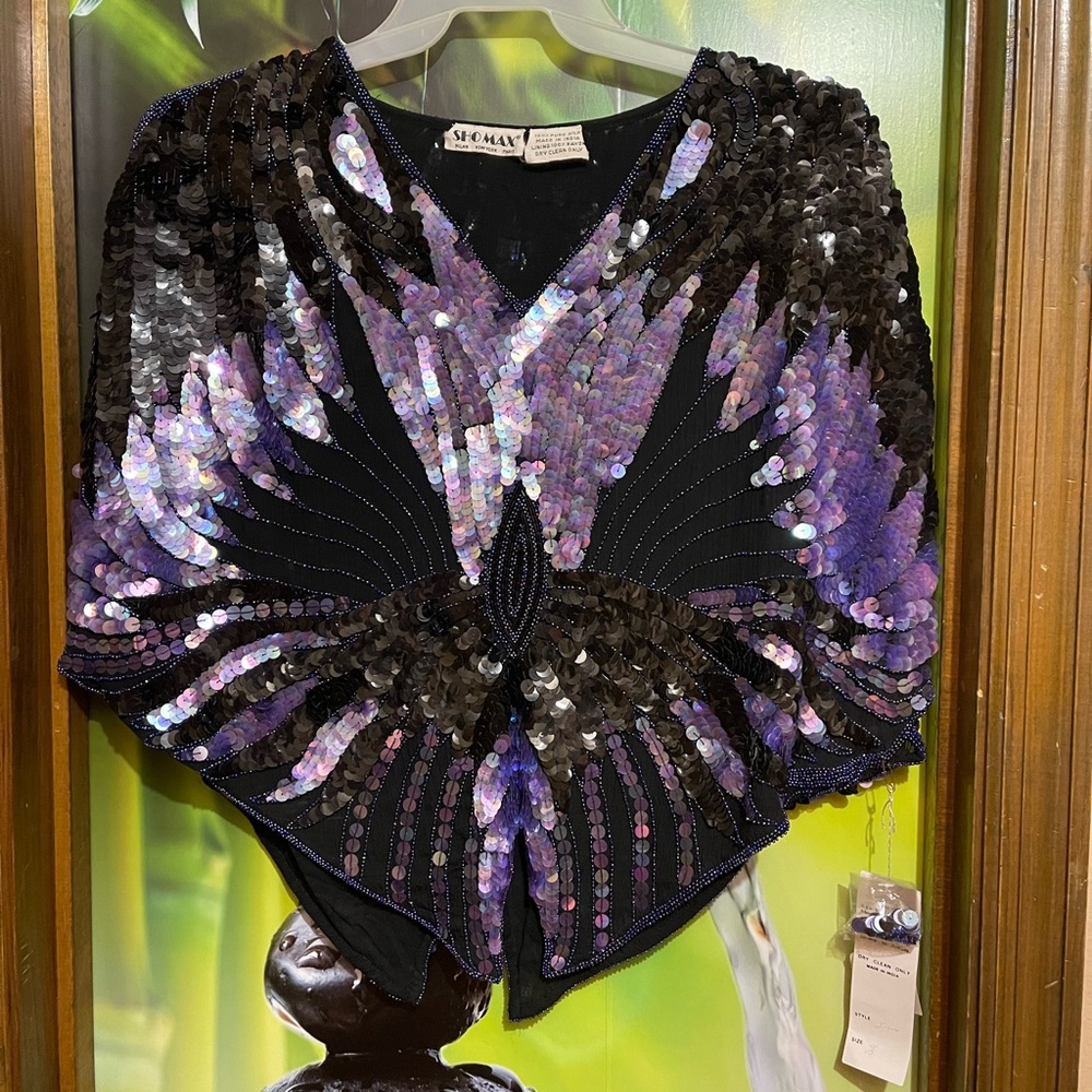 Elegant Vintage Black and Purple sequins Tunic Top